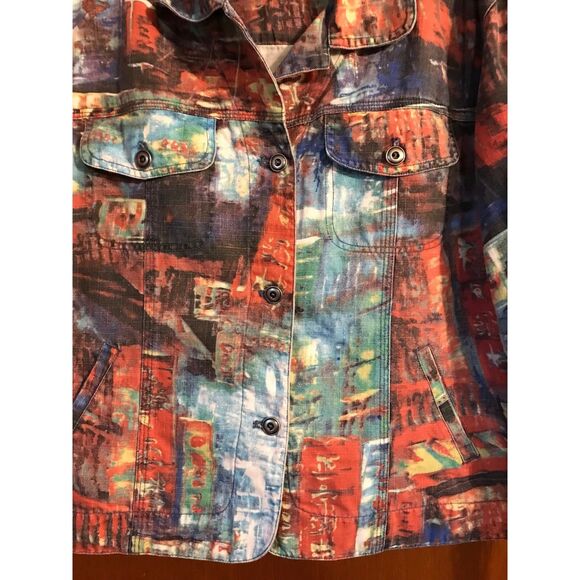 Chico’s Art To Wear Jacket Women's Size 1 (Med-8) Earth Tones Retro Denim Style - Picture 2 of 8